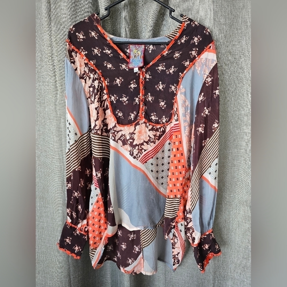 Johnny Was Roslyn Toni Blouse Women's L Multi Pattern Orange Brown Gray Boho